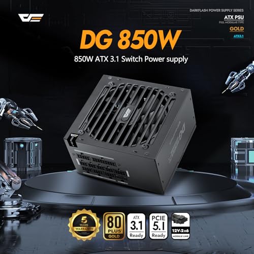 Image of darkFlash DG850 850W 80 Plus Gold ATX 3.1 PCIe 5.1 PC Power Supply, Black | Fully modular PSU, native 12V-2x6 up to 600W cable, RTX 50 /40 ready, compact 140mm ATX body, quiet HDB fan, 5-year warranty