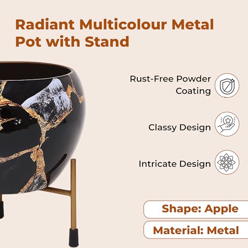 Image of Natural Earth Metal Flower Vase Planter Pot with Iron Stand | Decorative Plant Cachepot for Indoor & Outdoor Use | Succulent Pot for Home & Garden Decor (Marble Black)