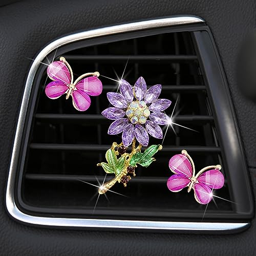 Image of 3Pcs purple Car Decorations Car Air Vent Clip Flower Shape Air Freshener Vent Clip Car Dashboard Decor Ornaments Car Interior Accessories (Purple)
