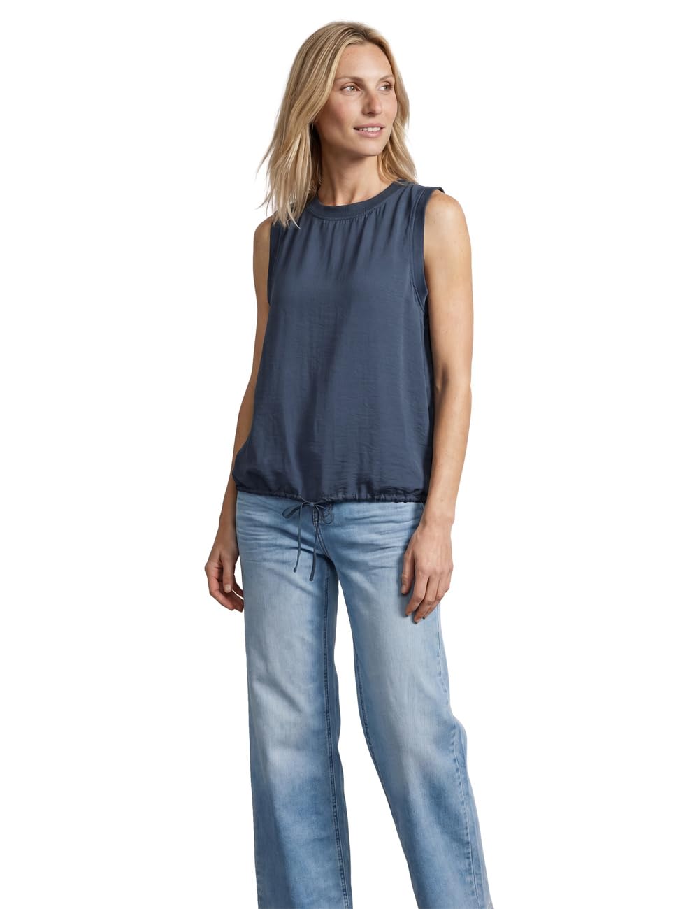 Street One Women's 3413369 Blouse Top with Crew Neck and Tape Detail (Pack of 1), Ashen Blue, 14
