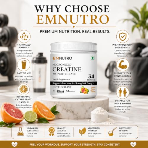 Image of Creatine Monohydrate Micronized Powder, Citrus Blast Flavour, 103 g | Easy Mix Creatine Supplement for Men & Women | Pre & Post Workout | Gym & Fitness Nutrition