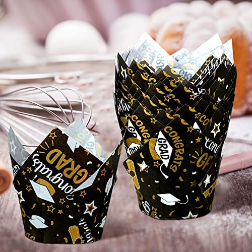 200 Pcs Graduation Tulip Cupcake Liners 2023 Congrats Grad Paper Baking Cups Black Gold Greaseproof Muffin Liners Holders Graduation Cap Cup Cake Paper Cup Tulip Cupcake Wrappers For Graduation Party #TOP3