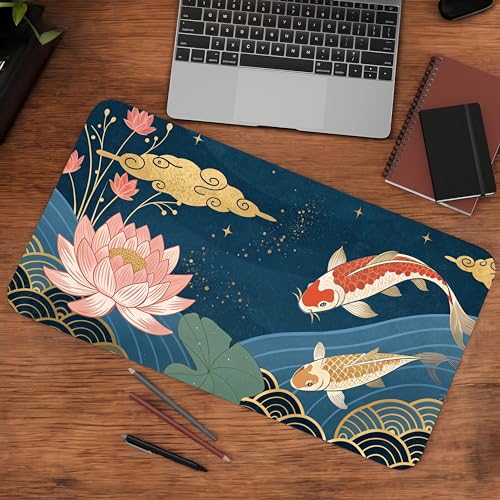 Image of Koi Harmony Premium Desk Mat | Anti-Skid | Anti-Slip | 60 x 28 cm | Laptop Mat for Work from Home /Office /Gaming- Extended Mouse pad and Keyboard Desk mat