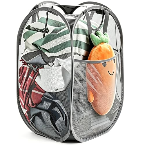 Image of HOUSE AGAIN Strong Mesh Pop Up Laundry Hamper, 70L Collapsible Laundry Basket with Steel Frame, Double‑Stitched Handles & Side Pocket, Foldable Dirty Clothes Hamper for Dorm, Bedroom, Grey
