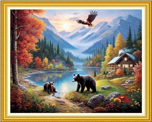 Image of Dooxvey Cross Stitch Kit for Adult Beginners - Full Range of Stamped Kits with 11CT Patterns - Bear Scenery 16x20 inch