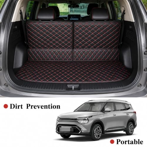 Image of Premium 7D Boot /Trunk Mats Compatible for X-Trail 7 Seater 2026||Luxury Leather Double Layered mats||Complete Set ||100% Waterproof and Washable (Black with Red)