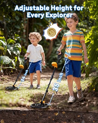 Image of RM RICOMAX Kids Metal Detector, 7.4 inch Search Coil, LCD Display, IP68 Waterproof, 2 Lb Lightweight, 24 to 35'' Adjustable Metal Detector for Kids, Exploration Hiking, Best Toy for Boys, Yellow