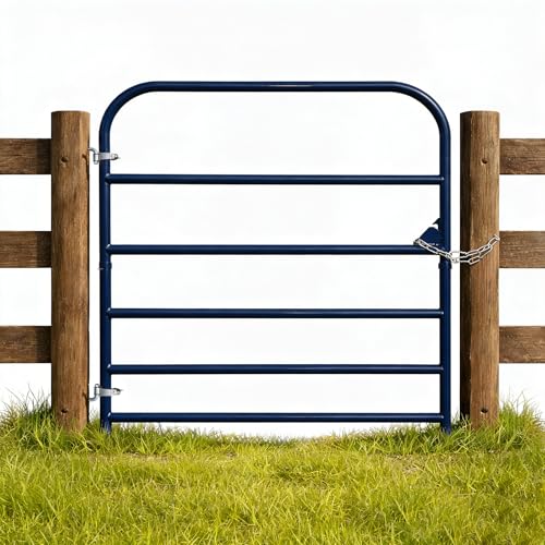 Image of Blue 6 Bar Utility Tube Gate 4 ft (W) x 50 in (H), Heavy-Duty Steel Farm Gate with Chain Latch, Animal-Safe Utility Livestock Gate for Horse, Cattle
