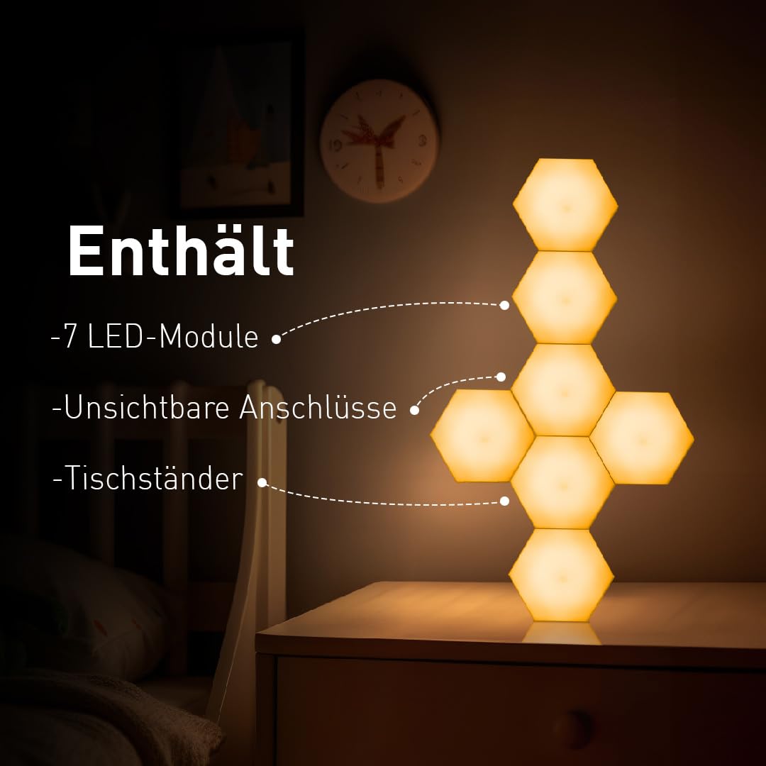 Emberela HEXlights 7er-Pack Hexagon Lichter - LED Lichtpaneele für Wand oder Tisch - Berührungs- & Fernbedienungsgesteuert - Dekor für Gaming Zimmer - Sehr geeignet für Kinder mit Autismus
