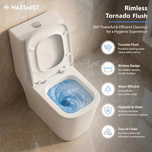 Image of WASSMIST Commode Toilet | Floor Mount One Piece Western Toilet for Bathroom with 10 Year Glaze Warranty | Rimless Tornado Washdown Flush | PP Soft Close Seat Cover | 225 mm S Trap