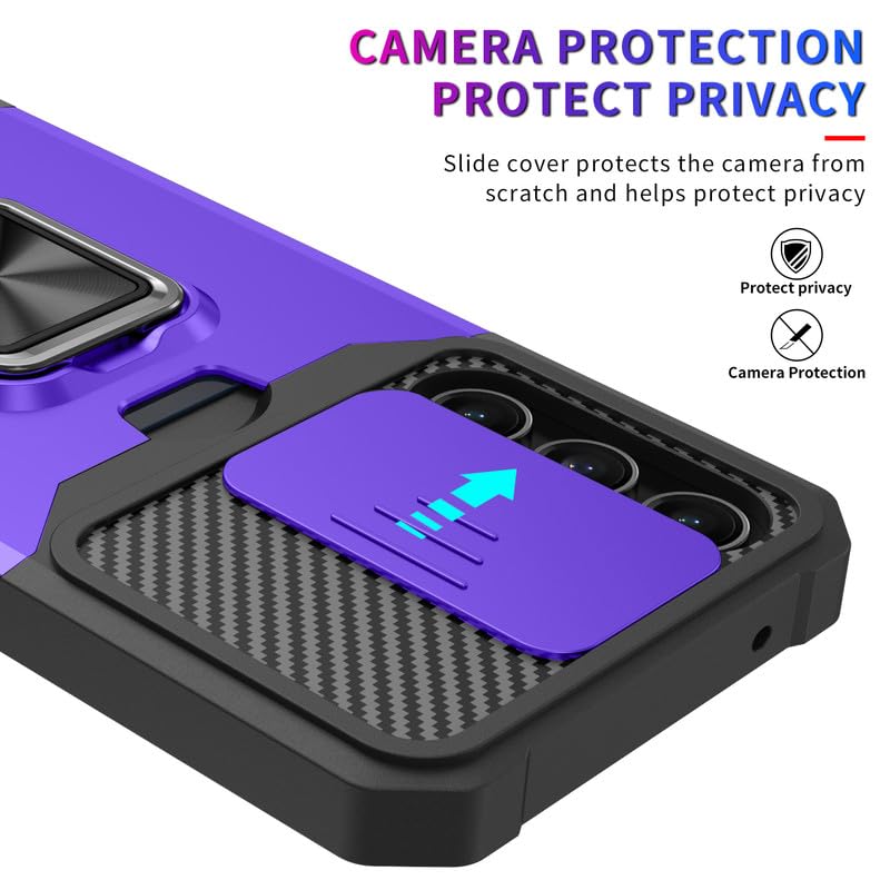 Image of LuxuryKase Shockproof Armor Case for Samsung Galaxy S25 | Slide Camera Cover | Hidden Card Slot | Rotating Ring Kickstand | Magnetic Car Mount Support | Military Grade Protection - Purple