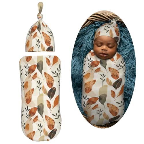 Image of Art Desert Leaf Newborn Swaddle Blankets Hat Sets Soft Baby Receiving Blanket Swaddle Sack for Baby Shower Infant Boy Girl Gift