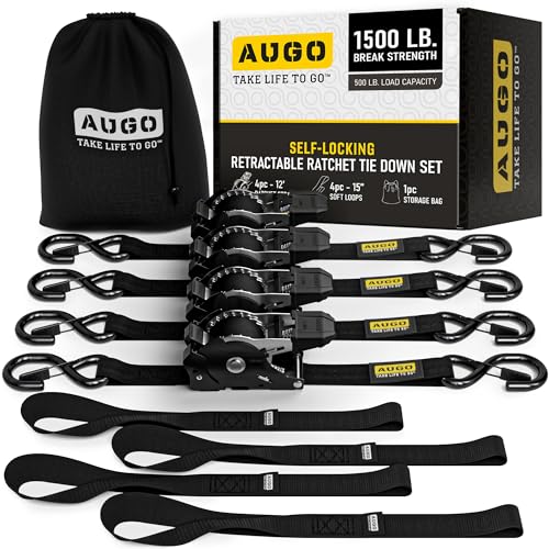 AUGO Self-Locking Retractable Ratchet Straps | 4 Heavy Duty Self-Tensioning Retractable Tie Down Straps with Soft Loops & Storage Bag | for Motorcycle, Truck, Cargo | 1500Lb Break Strength 1” x 12’