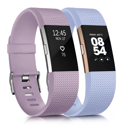 Paquete de 2 correas para Fitbit Charge 2, correa de repuesto para Fitbit Charge 2 (1 paquete), pulseras deportivas ajustables para mujeres/hombres, pequeña/grande (azul claro/morado claro, pequeño