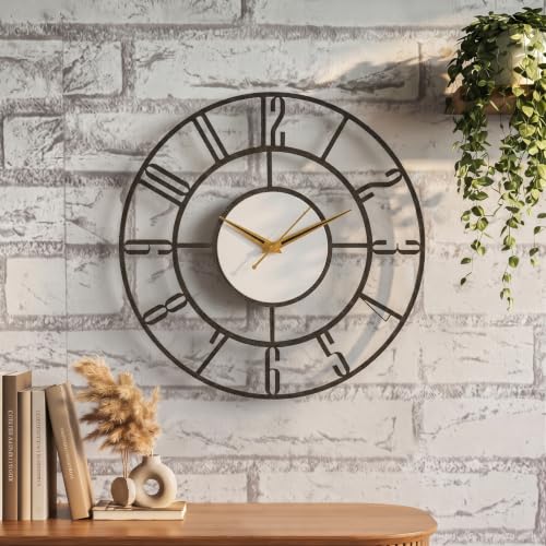 Image of Modern Mid-Century Metal Wall Clock with Large Number Cut-Out Design, Silent Sweep Movement, Golden & Black Hands, Antique Gold Texture, Powder-Coated Frame for Living Room, Bedroom & Office 15 Inch