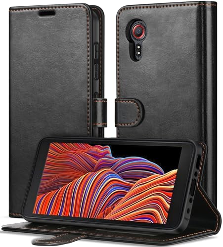 ivoler Coque pour Samsung Galaxy Xcover 5, [Blocage du Signal RFID] Housse en Cuir PU Etui à Rabat, Étui de Protection Pochette de Portefeuille avec Porte-Cartes et Fonction de Support, Noir