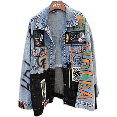 Jeans Jacket Women Streetwear Fashion Spliced Graffiti Print Denim Pocket Lapel Loose Patchwork Hip Hop Coat,Blue,M