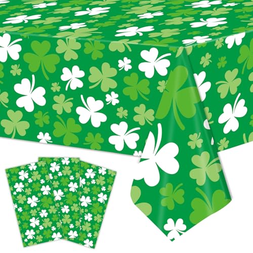 3 Pieces St. Patricks Day Shamrock Plastic Tablecloth 54x108 Inch Green and White Disposable Clover Table Covers for St. Paddys Day Party Irish Celebration Shamrock Themed Decor Holiday Dinner
