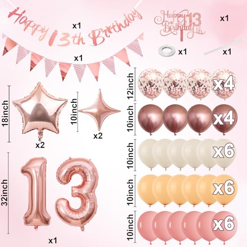 Image of 13th Birthday Decorations for Girls, Retro Pink Number 13 Balloon Set Happy 13th Birthday Banner Cake Topper Dusty Pink Beige Nude Rosegold Star Balloons for Boho 13 Year Old Bday Party Decoration