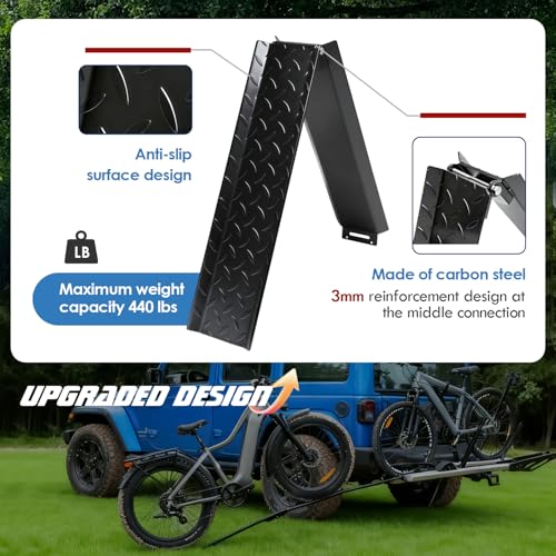 Heavy Duty Folding Bike Rack Ramp, Anti-Slip Bike Rack Loading Ramp, Carbon Steel Structure for Pickup TrucksTrailers, Ebikes/Mountain Bikes/Fat Tire Bikes/Light Motorcycles (440LBS)