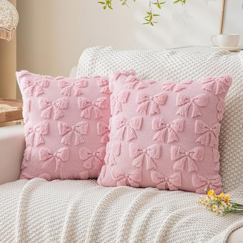 La Desire Kissenbezüge 2er Set 45x45cm, Rosa Schleifenmuster Plüsch-Kissenhüllen, Weiches Faux Fell Jacquard, Dekorative Kissenbezüge für Sofa, Schlafzimmer & Wohnzimmer La Desire Kissenbezüge 2er Set 45x45cm, Rosa Schleifenmuster Plüsch-Kissenhüllen, Weiches Faux Fell Jacquard, Dekorative Kissenbezüge für Sofa, Schlafzimmer & Wohnzimmer