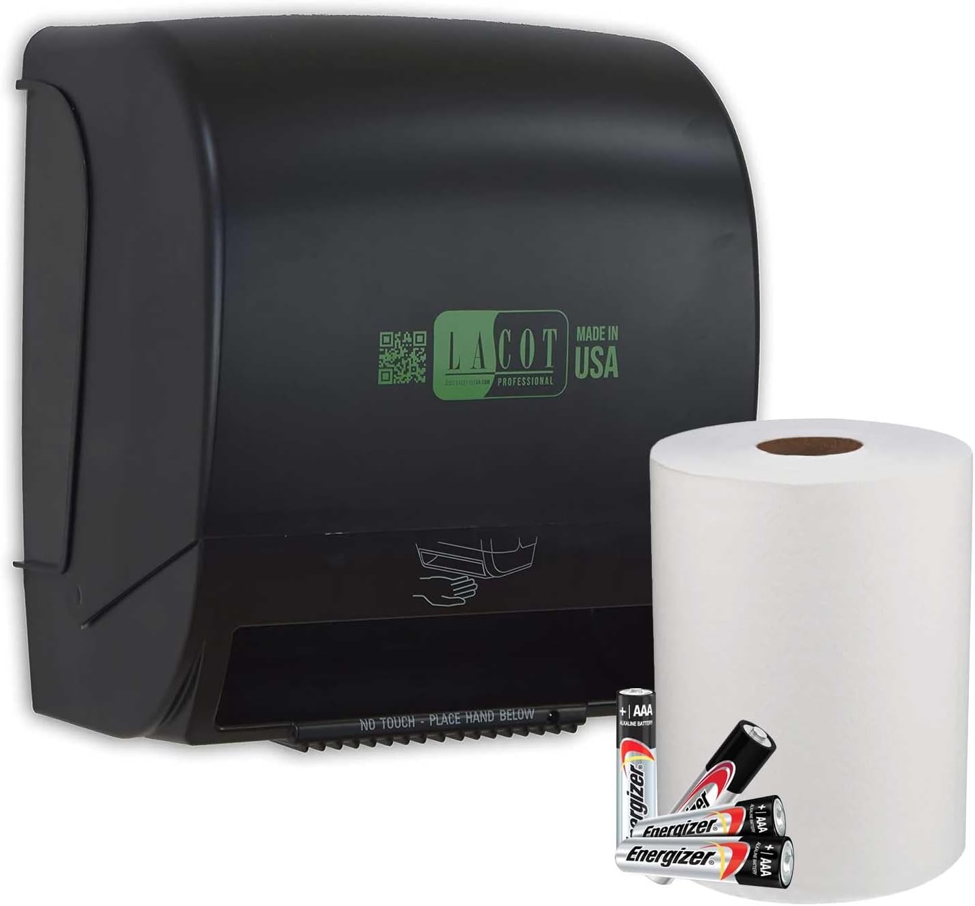 LACOT Automatic Autocut Roll Sensor Dispenser Wall Mount Holder Black USA With 4pcs LR20 "D" Size Alkaline Batteries and one paper roll inside