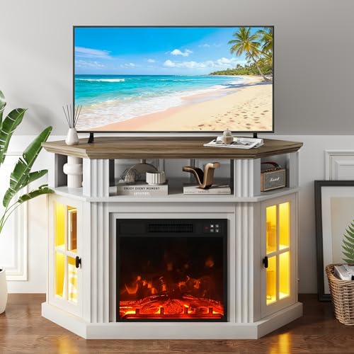 YESHOMY LED Corner Fireplace TV Stand with Mood Lighting, for TVs up to 55