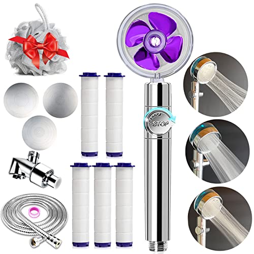 Vphom High Pressure Shower Heads Handheld Turbo Fan Shower Hydro Jet Shower Head Kit, with Replacement Hose/Bracket/Cotton Filters and Bath Loofah, 3 Water Panels for Different Experience Purple