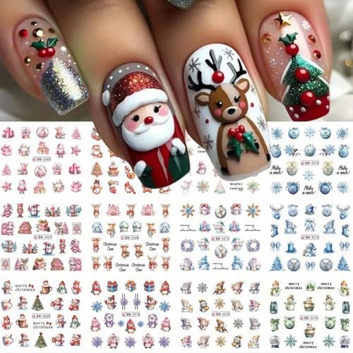 Christmas Nail Stickers Winter Penguin Water Transfer Nail Decals Nail Art Supplies Cute Cartoon Snowman Santa Claus Socks Bells Xmas Nails Water Decals Sliders for Women Christmas Nail Art Decoration