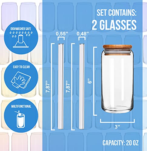 Huge Estate 20 Oz Drinking Glass Cups Can Shaped - Set Of 2 With 4 Glass Reusable Straws And Bamboo Lids For Iced Coffee Boba Tea Cocktails Beer Wine Water Dessert Glasses Pack Of 2 Ideal Gift #TOP1