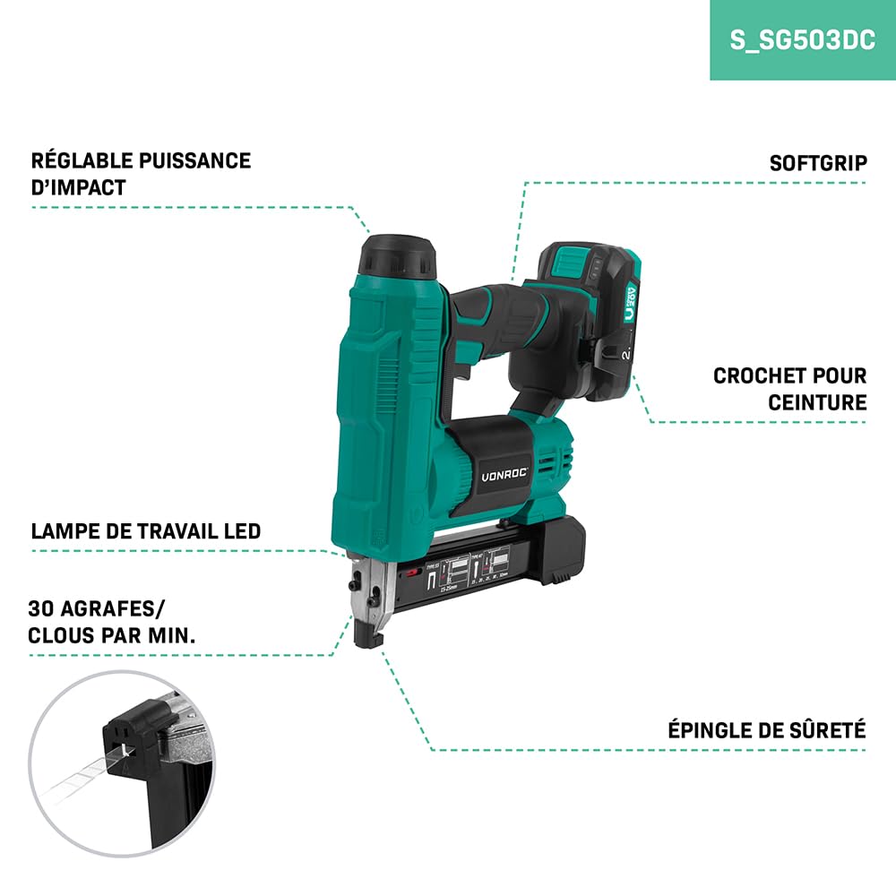 VONROC Agrafeuse Cloueuse Sans Fil 20V – Batterie et Chargeur Inclus – 2000 Fixations – 30 Coups/min – Fonction 2-en-1 Clous et Agrafes – LED Intégrée, Percussion Réglable - Softgrip, Polyvalence