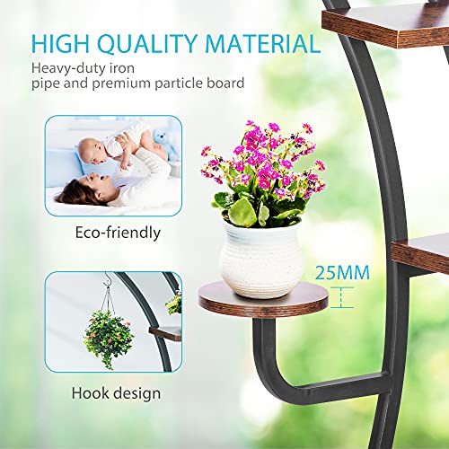 Vivohome 6 Tier 9 Potted Steel-Wood Plant Stand With Hanger, Curved Flower Pot Holder Shelf For Indoor, Rustic Brown #TOP3