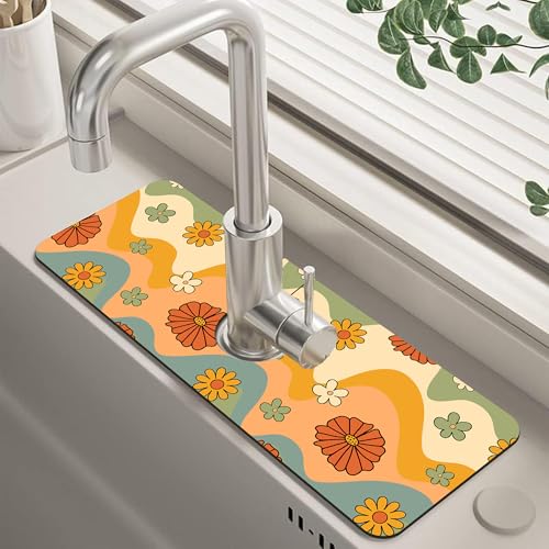 70s Groovy Flowers Sink Faucet Absorbing Mat Retro Waveas Splash Guard Behind Faucet Sink Mat Absorbent Fast Drying Faucet Draining Mat for Bathroom Kitchen 5.5