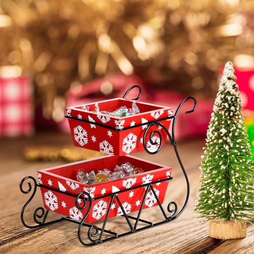 Ziliny Christmas Santa Sleigh 2 Tiered Serving Tray Christmas Snowflake Tray Decorations Metal Sleigh Santa Tray for Christmas Winter Holiday Party Candy Food Kitchen Table Decor Red Wood and Metal