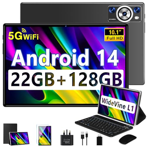 DDRTIUEZ 2025 Newest Tablet Android 14, Tablet 10.1 Inch 22GB RAM+128GB ROM(TF 2TB), Octa Core 2.0 GHz/5G WiFi/8000mAh/BT5.0/5MP+8MP/Face ID/Widgets/FHD/GPS/GMS Tablet with Keyboard and Mouse - Black