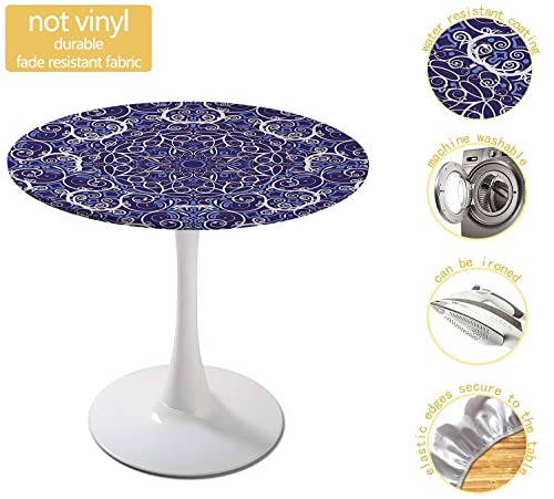 Igoga Sports F36-YXSBZB-D110CM_FBM-04 Navy Blue Kaleidoscope Flowers Fitted Tablecloth Round thumb #2