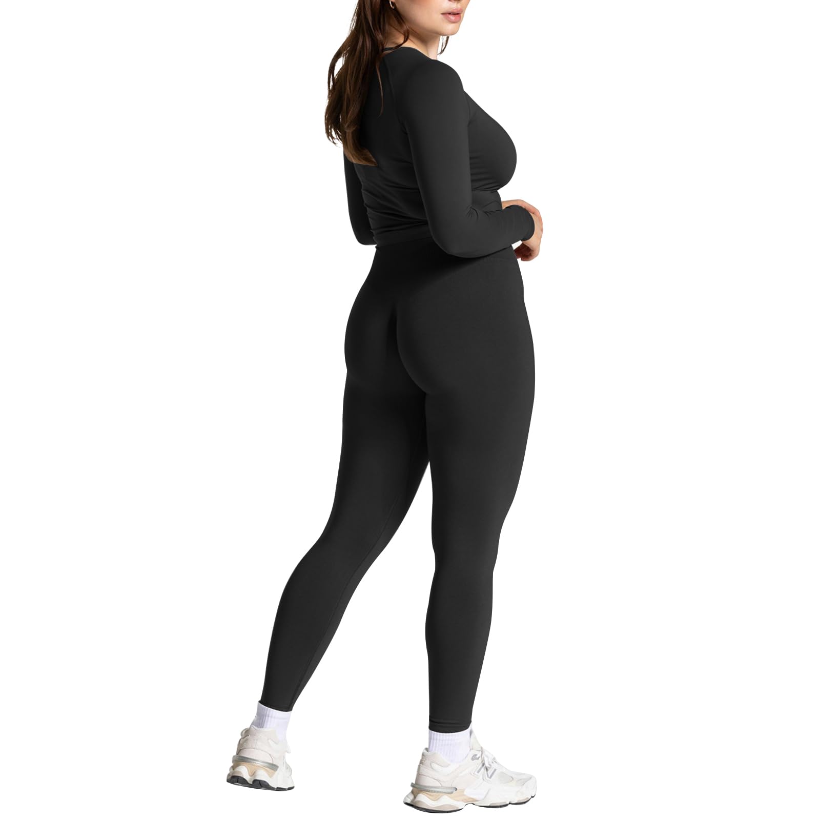 JN JANPRINT Ensemble de sport 2 pièces sans couture pour femme - Haut à manches longues - Leggings froncés dissimulés - Tenue de yoga