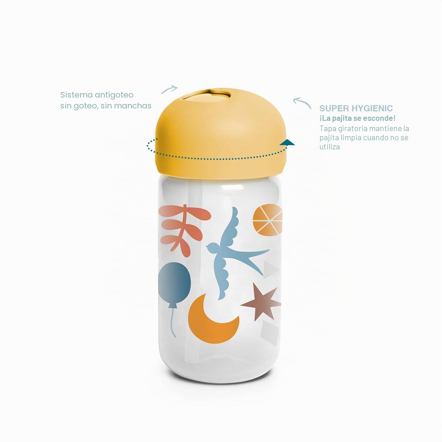 SUAVINEX, Vaso Aprendizaje para Bebés, Vaso Pajita de Silicona Suave y Flexible, con Sistema Antiderrame y Antigoteo, Apto Lavavajillas, Con Tapa, 340 ml, Botella para Bebés +18 Meses, Amarillo
