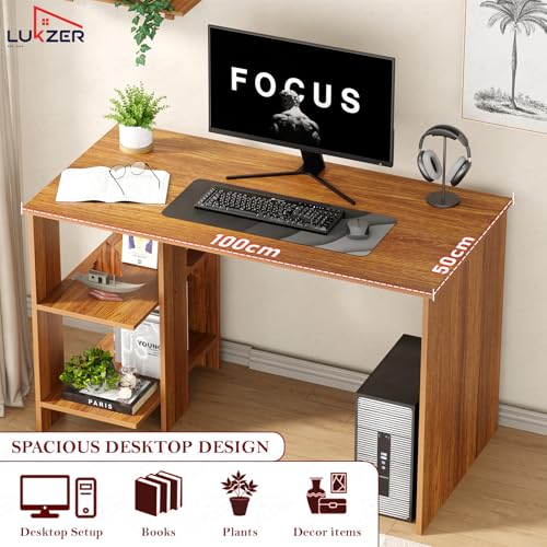 Image of Lukzer Engineered Wood Computer Desk with One Tier Shelves Laptop Study Table for Office Home Workstation Writing Modern Desk (ST-007 / Oak Brown / 100 x 50 x 77 cm)