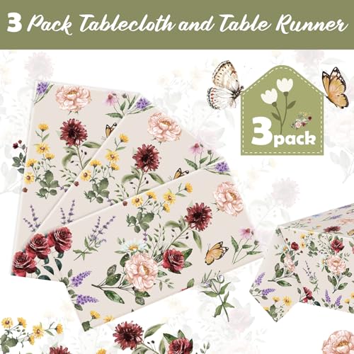 Image of Ganeen 3 Pcs Floral Tablecloth Disposable Plastic Wildflower Table Covers Rectangle Vintage Wildflower Tablecloths for Baby Shower Birthday Wedding Mothers Day Spring Tea Party Decor, 54 x 108 Inch