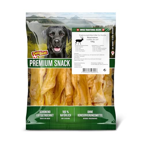 DeliBest Premium Hirschohren mit Malz I Kauartikel für Hunde zur Unterstützung der Zahngesundheit I Hunde Kauartikel zu 100% natürlich ohne chemische Zusätze I Hundesnacks 100 g