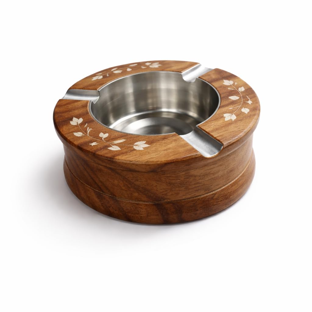 Vintage Wooden Ashtray with Stainless Steel Inner Bowl, Heat Resistant Cigarette Ash Tray with 3 Rest Slots, Handcrafted Wood, Smooth Polished Finish, 9.5 cm-picture-32