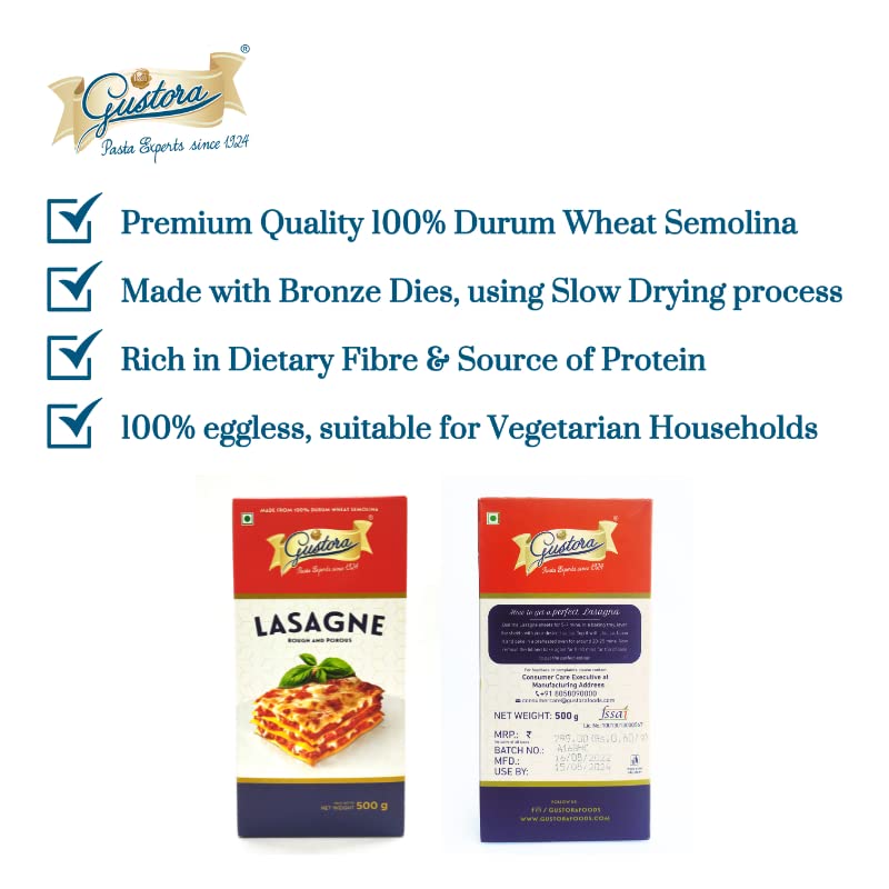 Image of Gustora Ready To Eat Lasagne Pasta Sheets I Layered Delight Of Flavor And Tradition I Durum Wheat Semolina I Vegetarian I Gluten Free Instant Lasagne Combo Sheets - (500 X 2)