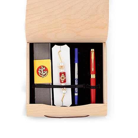 Parker Aster, Matte Red with Gold Trim Roller Ball Pen, Rakhi Combo, 4 Piece Set, Blue Ink, Best Choice for Rakhi Gift, Exquisite and Thoughtful Design