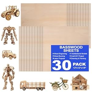 30 Pack 12″x12″x1/8″ Basswood Sheets for Crafts,3mm Craft Wood Plywood,Unfinished Wood,for DIY Ornaments and Model Engraving,Wood for Laser Cutting,Architectural Models,Drawing,Wood Burning