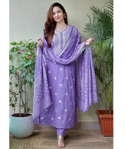 Image of Shiv Textiles Cotton Blend Solid Regular Kurta Sets for Women (JDA-EVA-Purple-XL