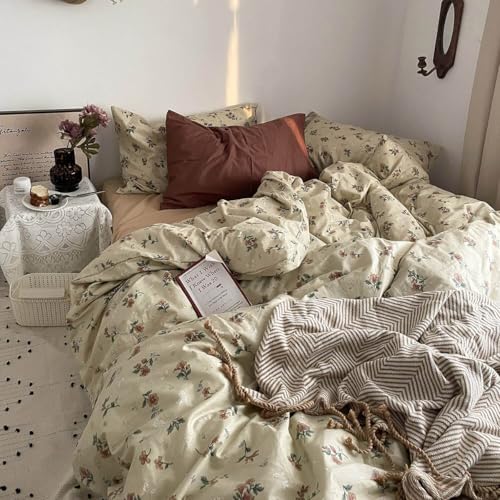 Nayoroom Vintage Floral Duvet Cover Queen Size 100% Cotton Green Red Botanical Flower Cottagecore Bedding 3 Pcs Soft Breathable Aesthetic Spring Comforter Cover Gift for Women Girls