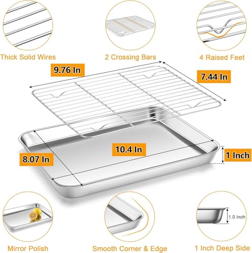 Image of Crega Stainless Steel Baking Tray Large Oven Pan with Cooling Rack Heavy Duty Non Toxic Rust Resistant Dishwasher Safe Perfect for Baking Cakes Pastries Muffins Snacks Roasting Grilling and Serving