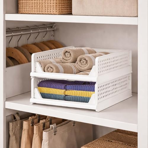 Image of Go Hooked Foldable Wardrobe Organizer with Drawer Style Pull Out Design | Pack of 2 Small (44x34x14.5 cm) Shelf Storage Box | Heavy Duty Plastic Shirt Stacker for Cupboard, Almirah & Closet | White