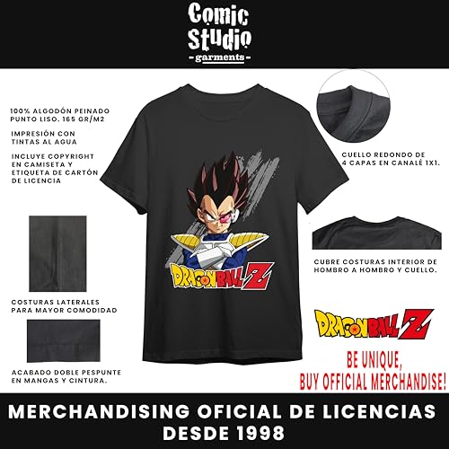 Comic Studio Dragon Ball Z Vegeta Black Short Sleeve T-Shirt, Negro, L Unisex